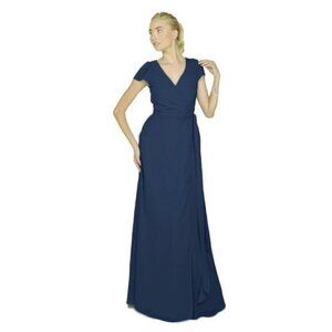 Ceremony by Joanna August Navy Blue Chiffon Aurele Cap-Sleeve Wrap Dress